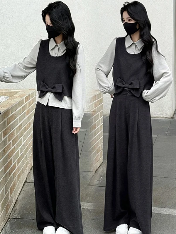 Elegant Commute Autumn Outfit Women's Fashion Set Long Sleeve Wide Leg Pants Two-Piece Suit Color Block Shirt High Waist