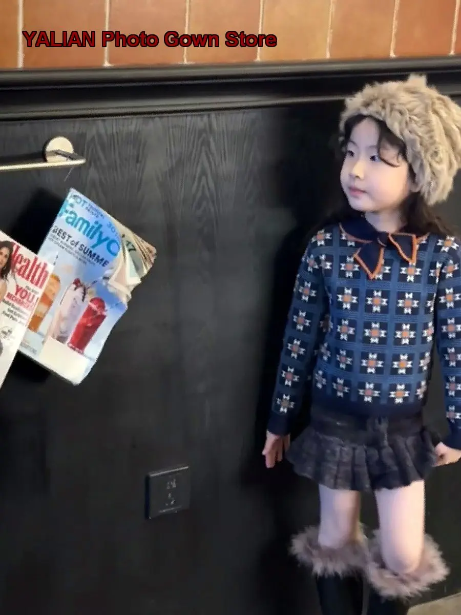 Girls Bowknot Pattern Knit Top Kids Autumn Winter Long Sleeves Pullover