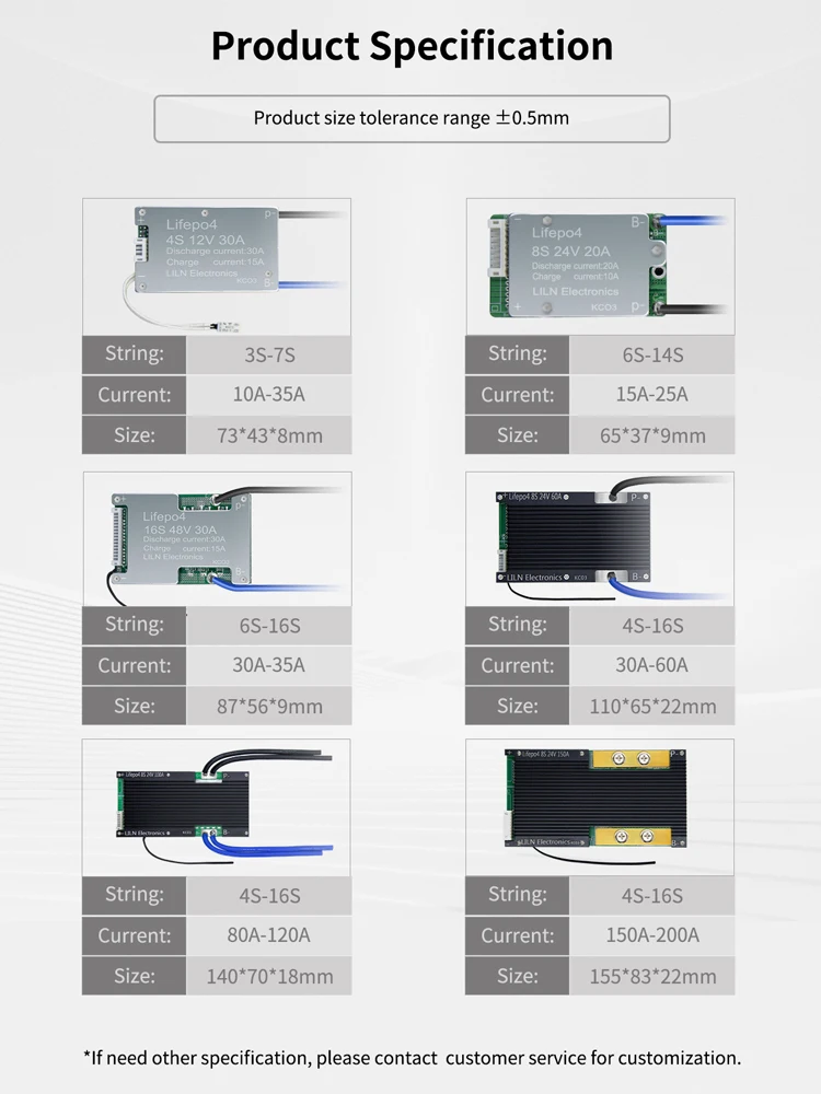 Lifepo4 4S 12V 8S 24V 10S 36V 16S 48V الأجهزة BMS NTC LILN BMS كابلات مجانية التوازن السلبي للعاكس EV