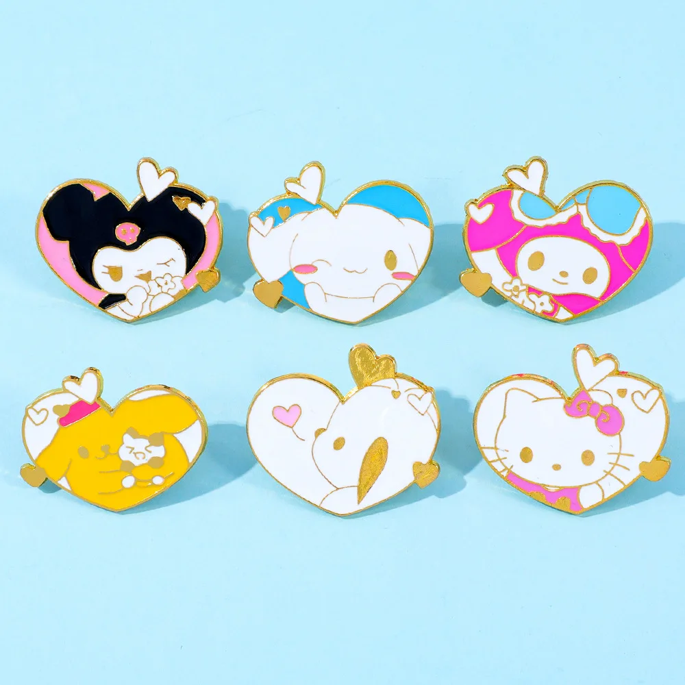 Cute Cartoon Soft Cute Sanrio Metal Badge with Heart-shaped Design Kuromi My Melody Cinnamoroll Alloy Brooch Y2k Fashion Toys