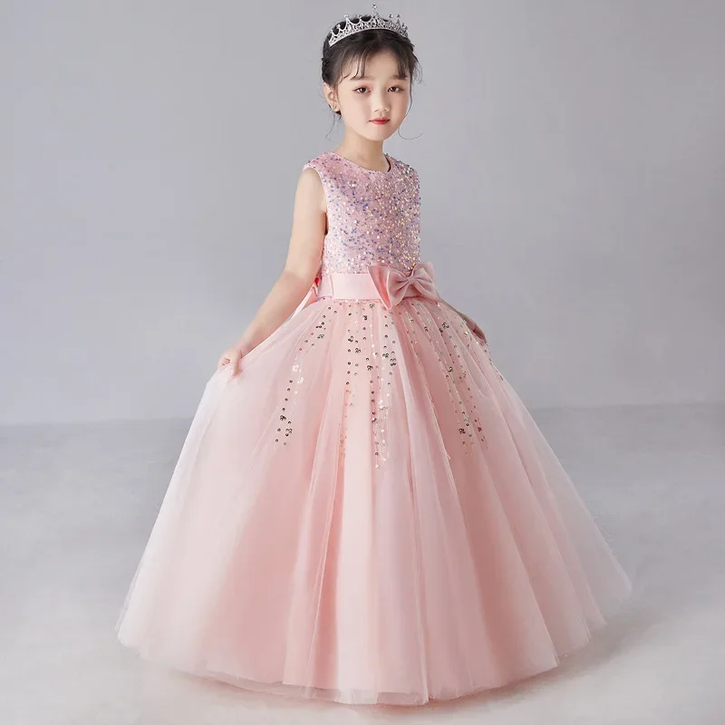 Fashion Bow Kids Dresses for Girls Short Sleeveless Lace Kids Girls Sequin Dress Summer Children Girls Party Dresses 4-14Years