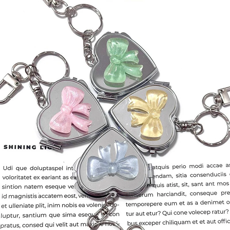 Y2K Heart Shape Bow Folding Mirror Keychain Double Sided Cosmetic Mirror Y2k Style Bag Pendant Key Ring Sweet Cool Fashion Decor