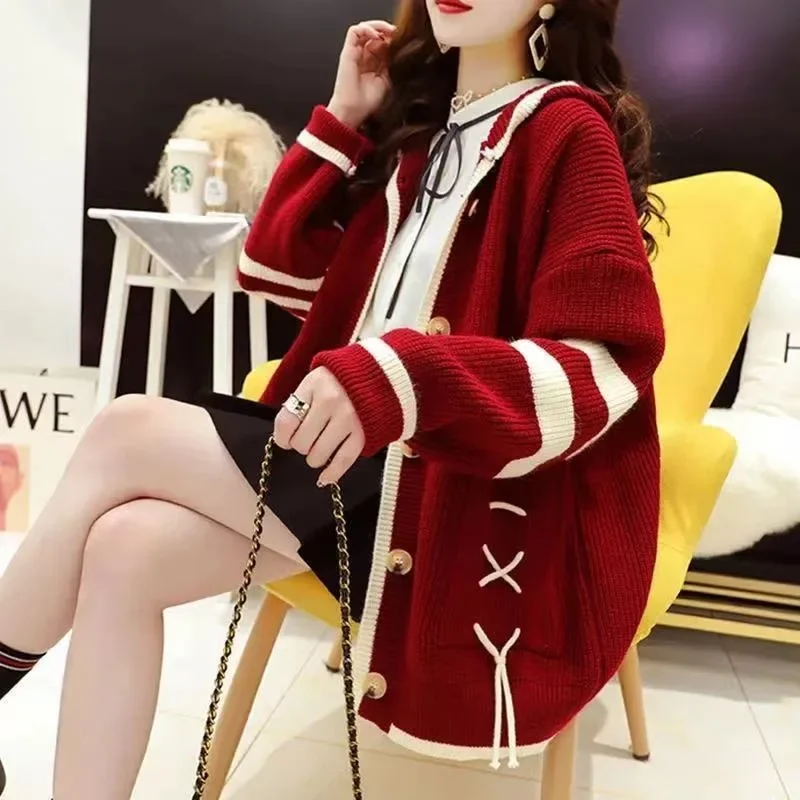 2023 Autumn and Winter New Women's Color Matching Lace Up Hat Sweater Coats Fashion Leisure Loose and Versatile Cardigan Sweater