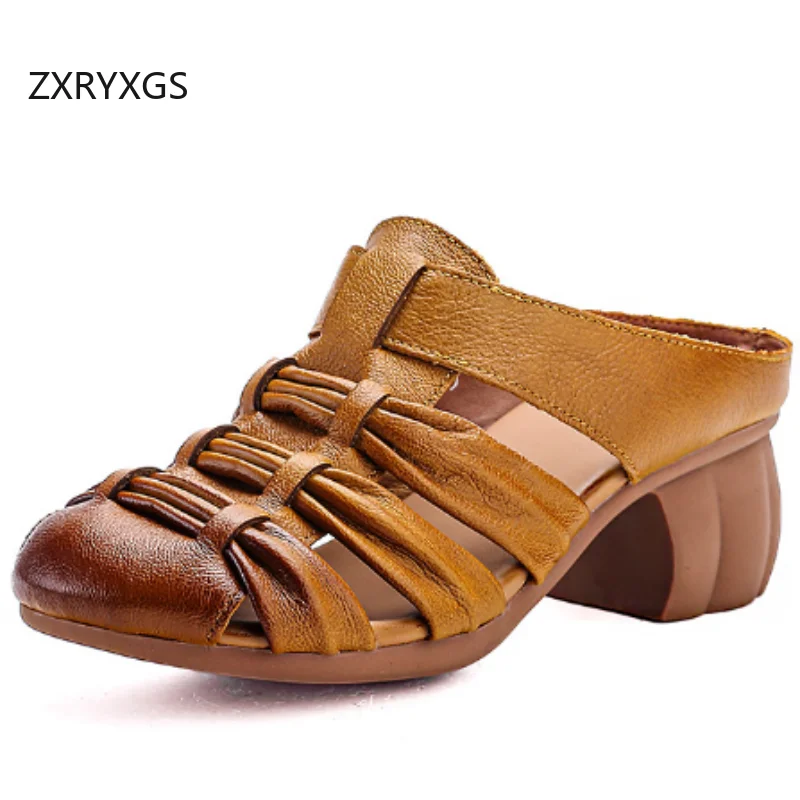 

ZXRYXGS Premium Cowhide Temperament Elegant Women Outside Slippers 2025 Summer Round Toe Weave Real Leather Slippers Mid Heels