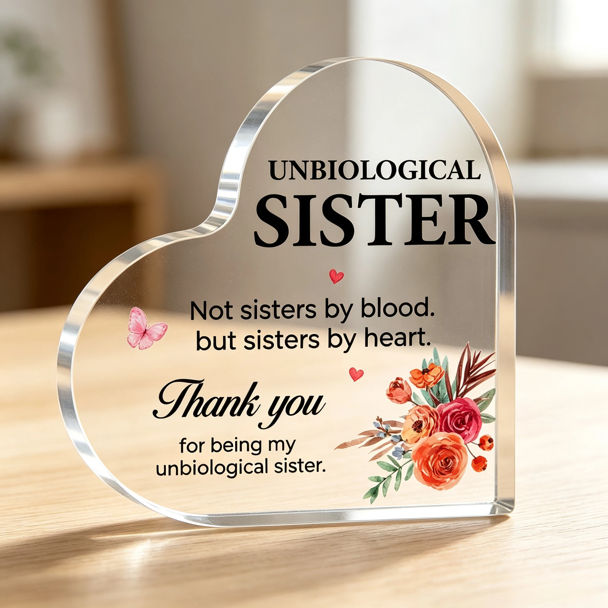 Heart‑Shaped Acrylic Plaque Unbiological Sister Not Sisters By Blood But Sisters By Heart Floral Butterfly Freestanding Friendship Keepsake Gift
