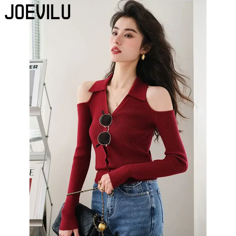 Off Shoulder Lapel Knit Cardigan Women's Retro Slim Fitting Chic Long Sleeved Top Spring and Summer Korean Style Y2k Sweaters