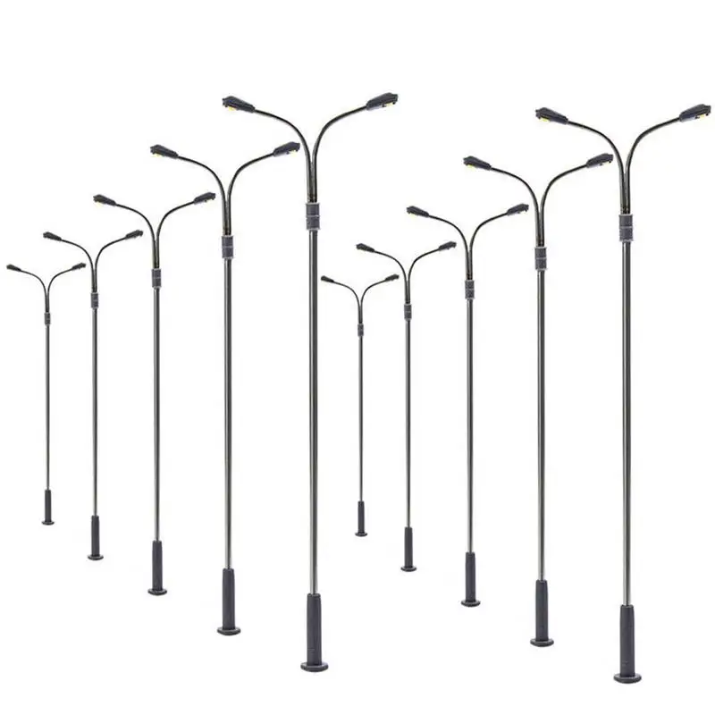 10pcs Miniature Street Model Lamppost Train Garden Single Two Head White/Warm White Light 1:75 HO Scale for Train Layout Scene