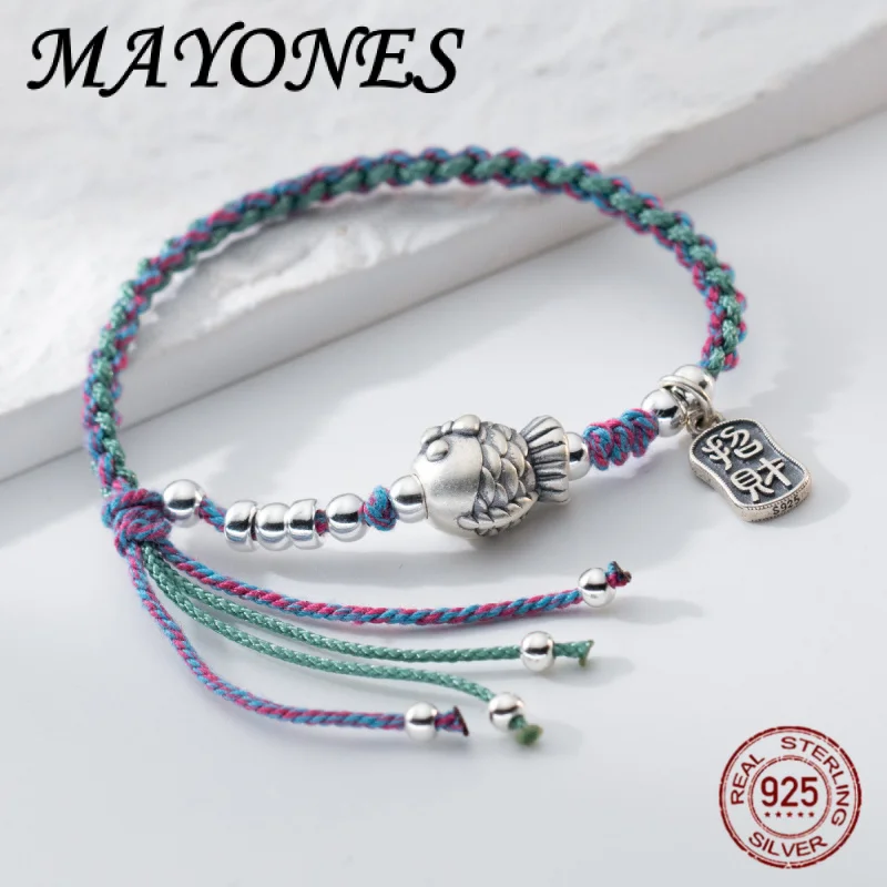 

S999 Silver Cute Fish Nafu Colorful Ethnic Style Handmade DIY Weaving Adjustable Bracelet Women's Fashion Gift