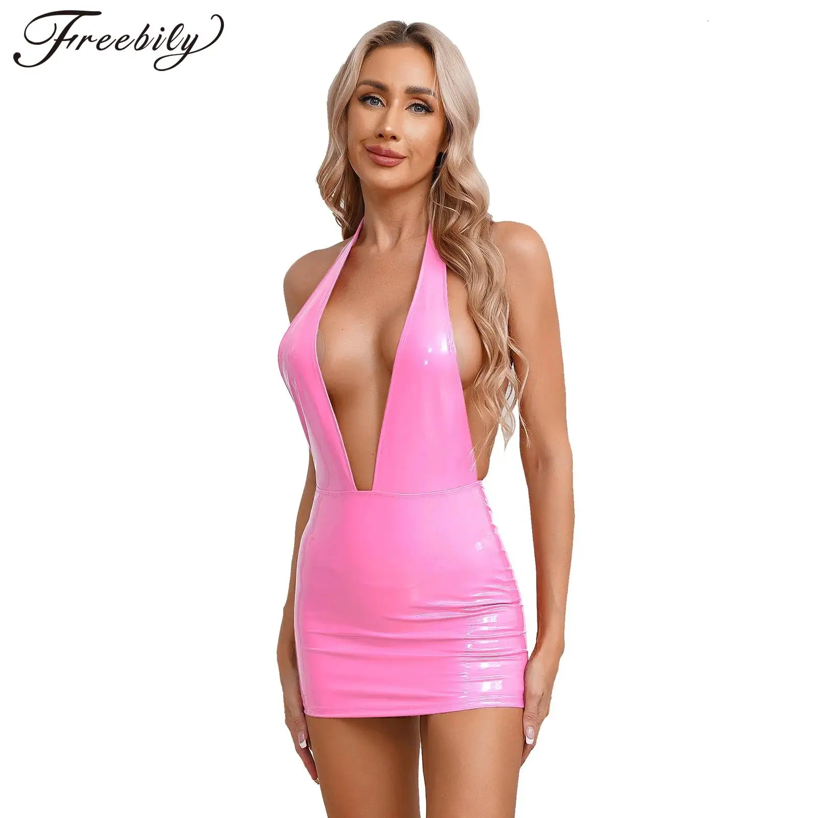 

Womens Sexy Erotic Wet Look Patent Leather Mini Dress Halter Deep V Neck Backless Glossy Bodycon Dress for Nightclub Party