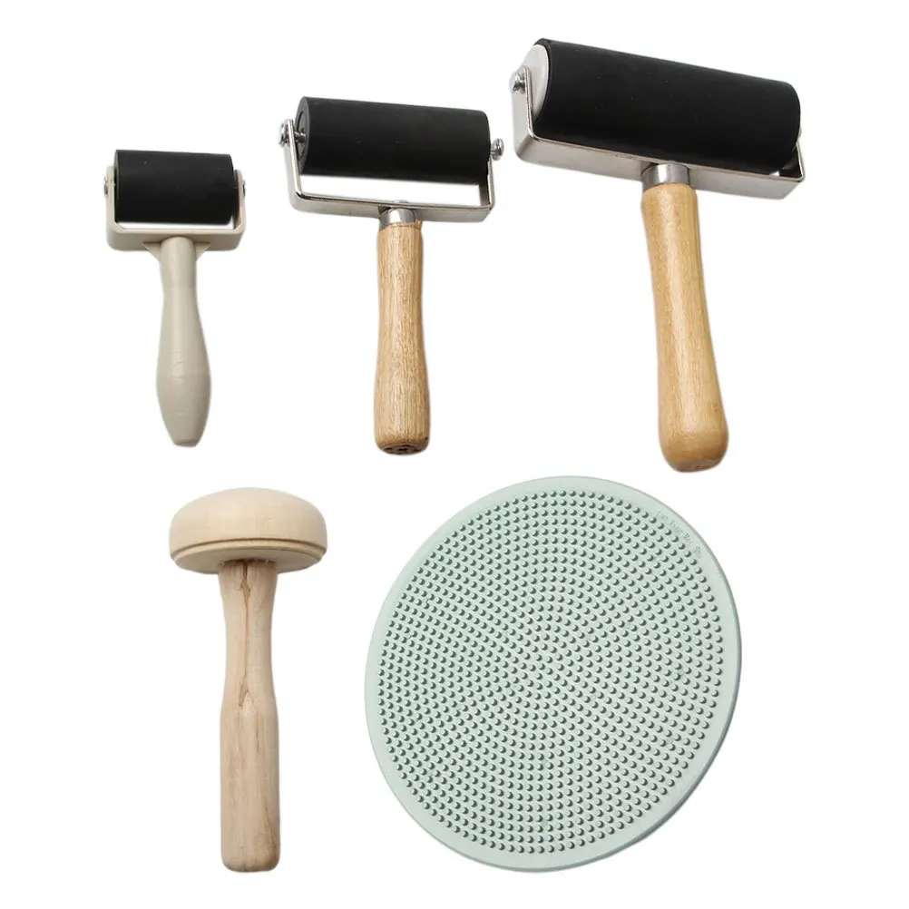 

5pcs Plastic Block Printing Baren Wooden Mushroom Rubber Set Printmaking Tools Art Stamping Accessories Lightweight
