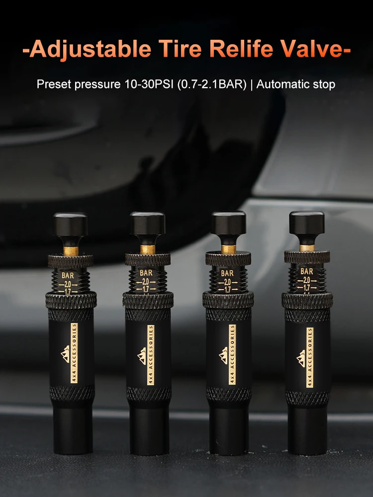 

4pcs Adjustable Auto-Stop Tire Deflator Valve Kit (10-30 PSI)Screw-on Tyre Air Down Tool for Vehicles Motorcycle Offroad 4x4