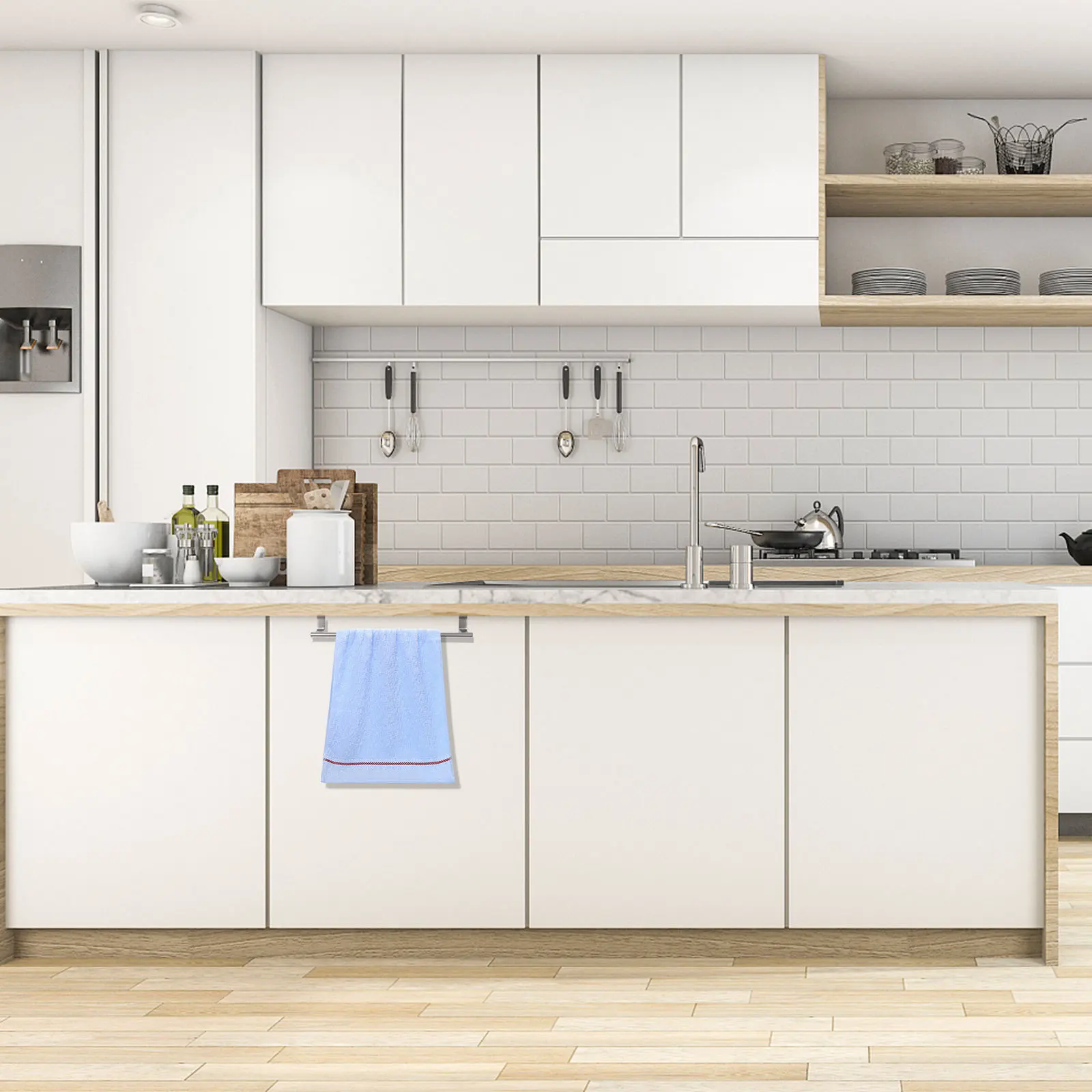 

2pcs Stainless Steel Single Bar Towel Holder No Hole Mounting Kitchen Bathroom Laundry Room Multifunctional Towel Rack Storage