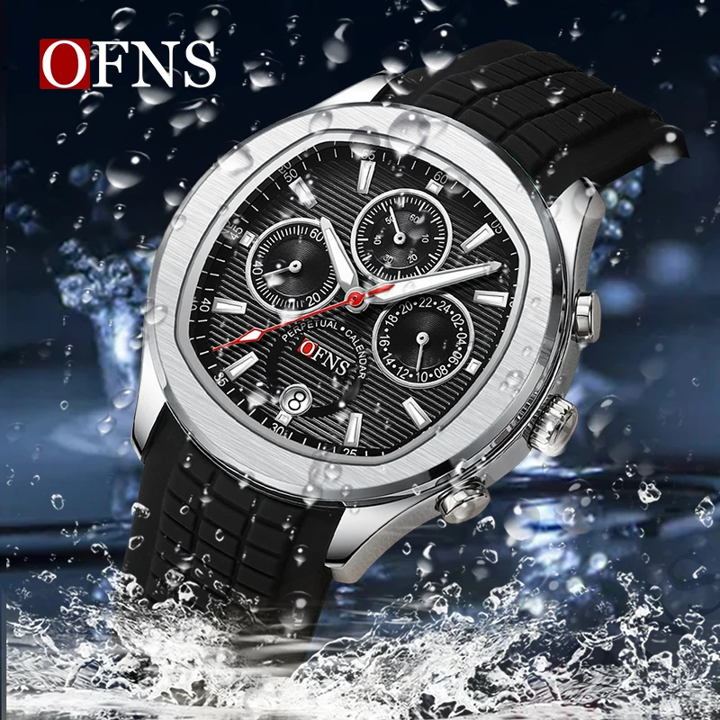 OFNS 8019 Man Calendar Watch High Quality Waterproof Chronograph Men's Wristwatch 2024 Silicone Men Quartz Watches Casual Clock