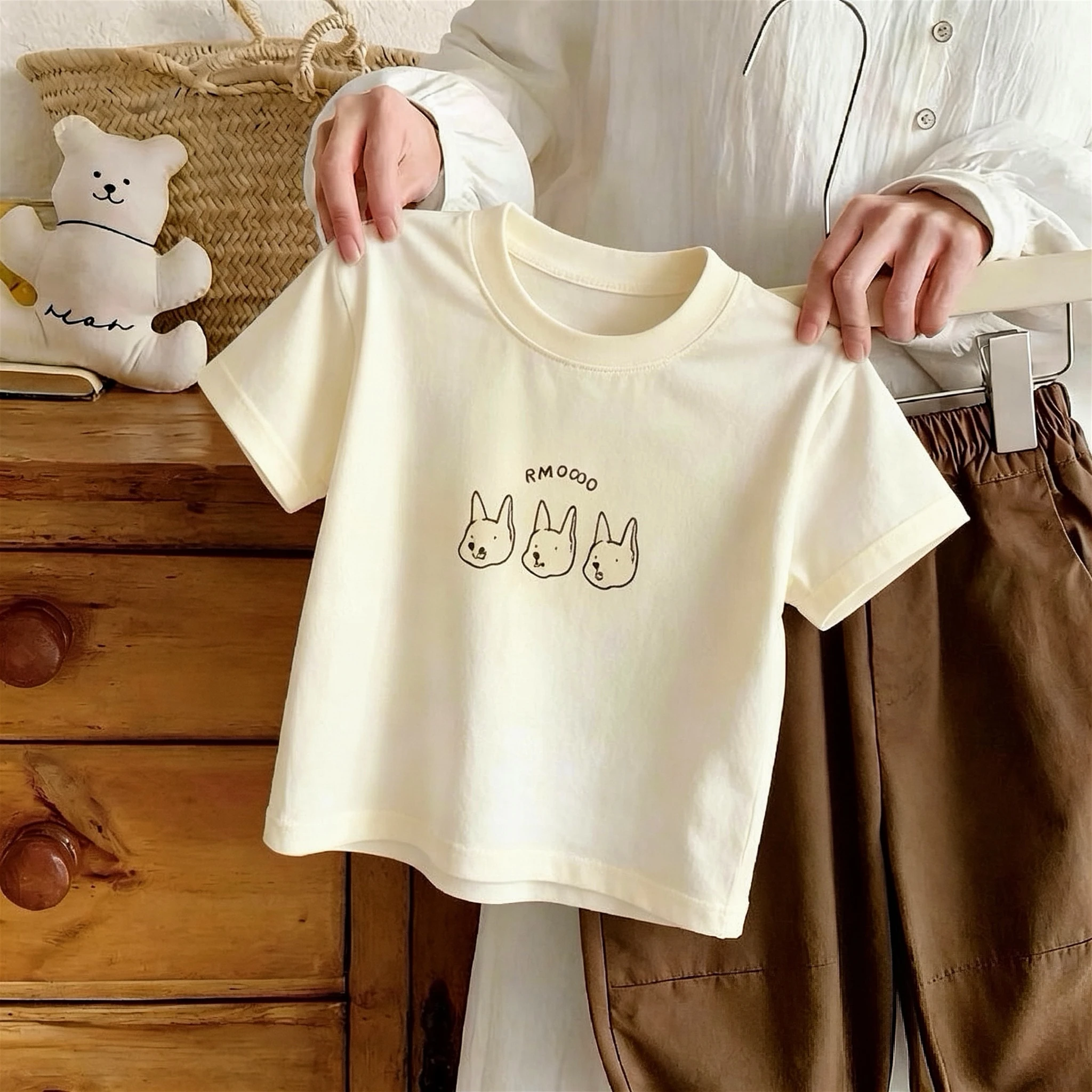 Summer Clothing Simple Fashion Kids T-shirt Short Sleeve Tops Printed Solid Color Versatile Children's Wear Tshirts 1-7 Year Old