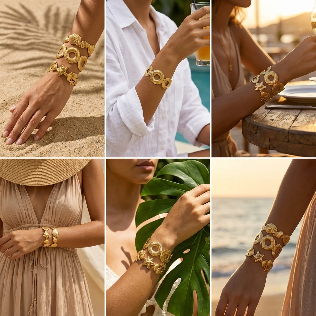 Strukturiertes Muschel-Seestern-Armband aus Edelstahl für Damen, Boho Geometrischer Ausschnitt-Manschettenarmreif, Resort-Urlaubsschmuck – Detail 2