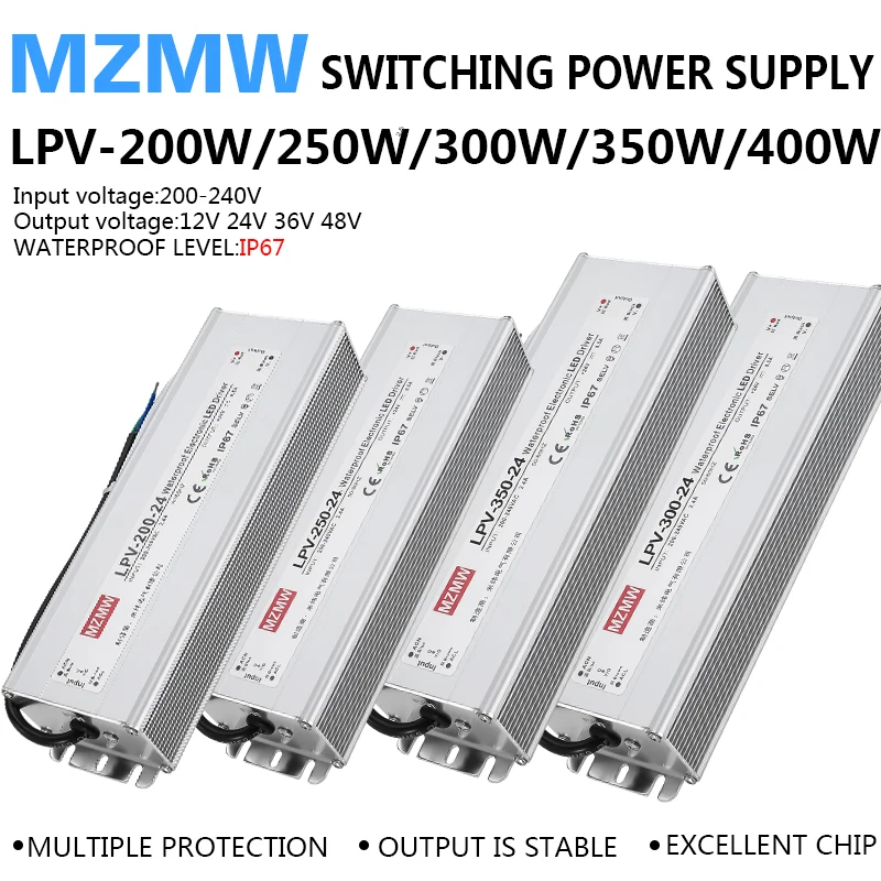 IP67 Waterproof Switching Power Supply LPV 200W 250W 300W 350W 400W AC/DC 12V 24V 36V 48V Constant Voltage LED Driver CCCV SMPS