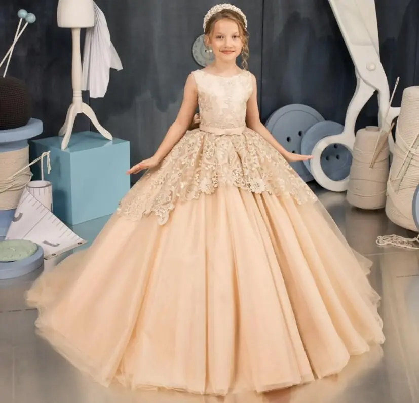 Lorencia Princess Champagne Flower Girls Dress Baby Infant Toddler battesimo Clothes abito da ballo in pizzo abito da festa di compleanno YFD67