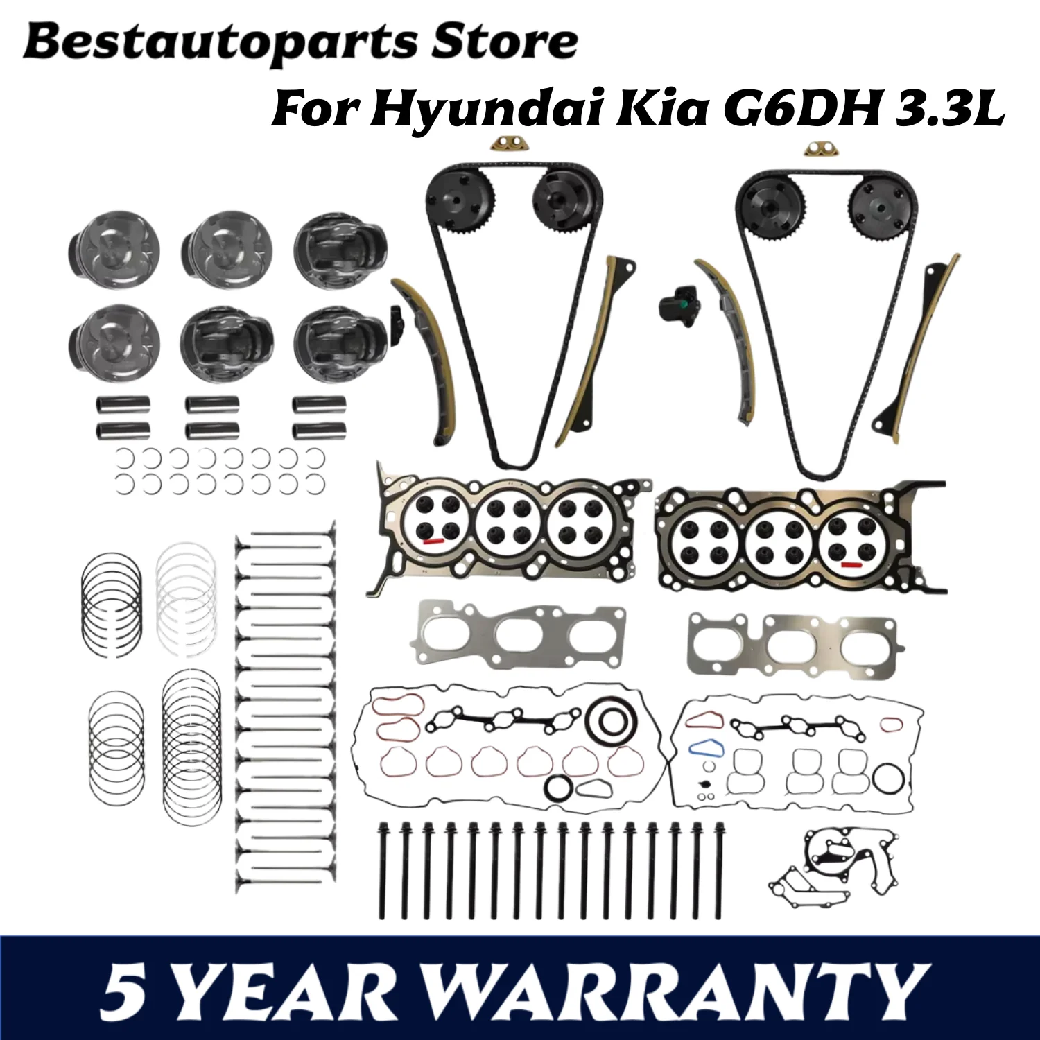 

G6DH Engine Rebuild Kit Timing Chain Head Bolts Gasket Seal Piston Rings Valves Set Fit 3.3 L GAS For Hyundai Santa Fe Kia 3.3L
