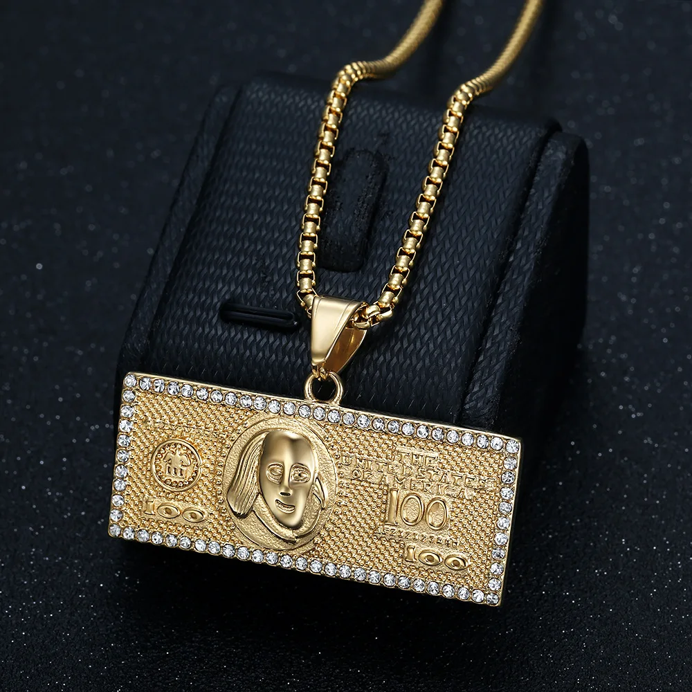 Hip Hop Iced Out $100 Dollar Money Pendants Male Gold Color Stainless Steel Rapper Necklace For Men Fashion Jewelry Gift 2025