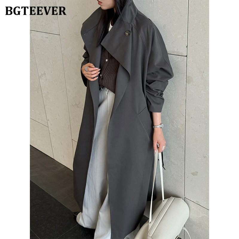 BGTEEVER New Autumn Korean Style Loose-Fitting Long Trench Coat for Women, Belted Open Stitch Overcoats