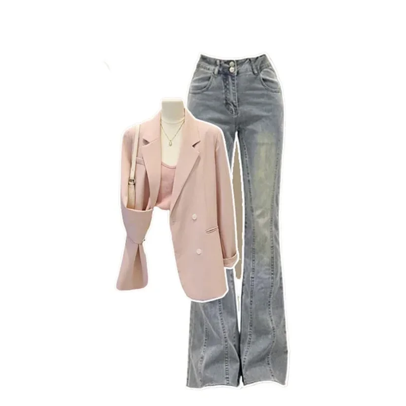 Autumn Wear Women\'s 2023 New Korean Sling Set Coat Jeans Three Piece Set Sling Two Piece Set Womenwinter Clothes Women Pants