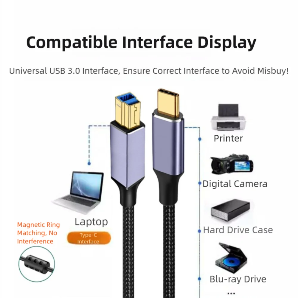 ذكر إلى ذكر USB C إلى USB B 3.0 كابل نقل البيانات مضفر النايلون نوع-C كابل الطابعة مطلية بالذهب عالية السرعة لإبسون/HP/كانون