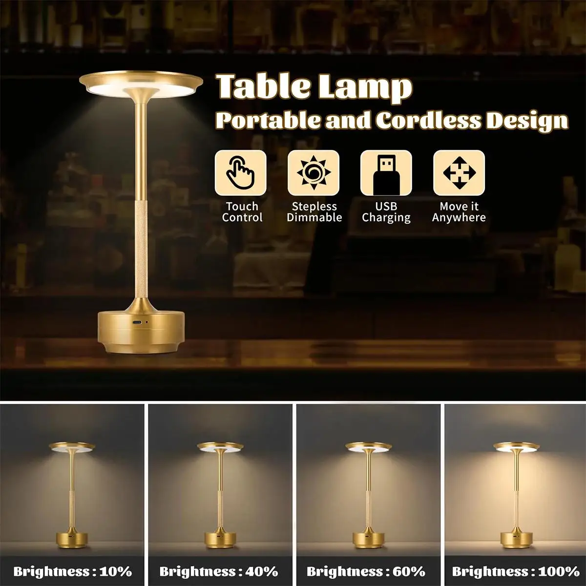 3 Color Table Lamp Black Led Rechargeable Usbc Silver Usb Gold Night Touch Dimmable Touch Control Eye Protected Bedside Aluminum