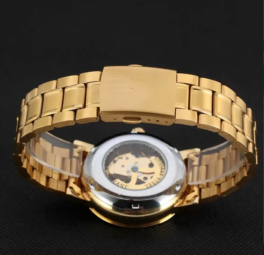 T-WINNER Classic Metal  Mechanical Golden Design Hollow Nailing Scale Automatic Full Steel Band Watch Mechanical Watch