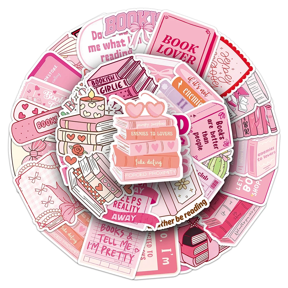 

10/30/50pcs Kawaii Pink Bookish Reading Stickers Cute Cartoon Sticker Decoration Luggage Notebook Phone Graffiti Decals Toy Gift