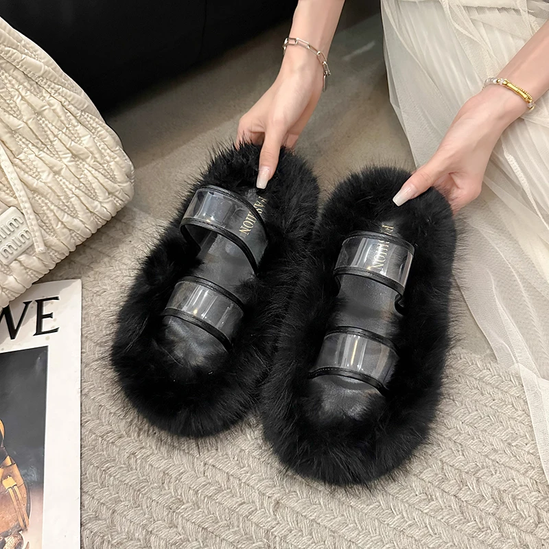 Faux Fur Home Cotton Shoes 2024 New Slippers Women Winter Warm and Soft Platform Slippers Women Flat Ladies Shoes