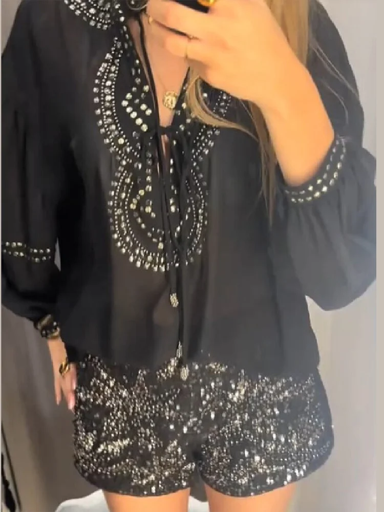 

Chic Beading See Through Mesh Top For Women V Neck Lace Up Lantern Sleeve Blouse Solid Commuter Shirt 2026 New Lady Streetwears