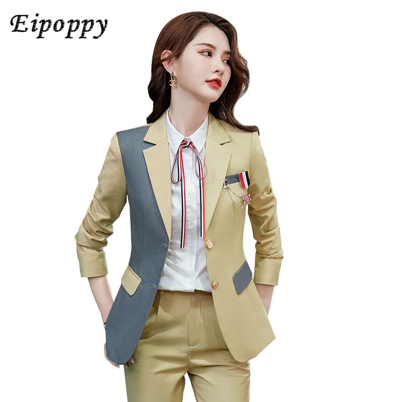 2021 Latest Korean Design Women Pant Suit College Style Jacket Blazer And Trousers 2 Piece Set For Teacher Work Wear