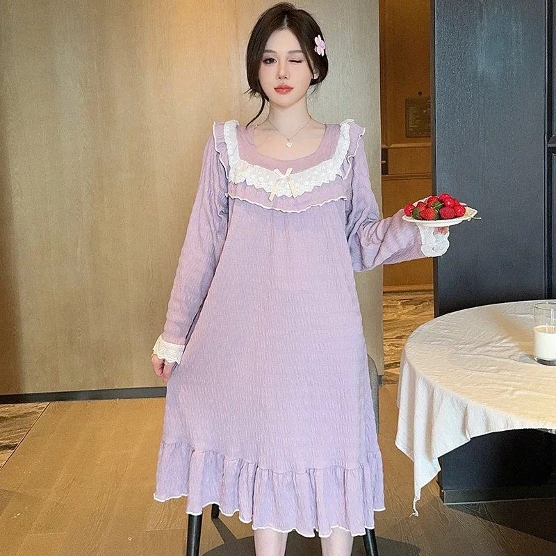 Lace Design Nightgowns Women Ruffles Loose Sweet Tender Princess Home College Girls All-match Sleepwear Spring Autumn Ulzzang