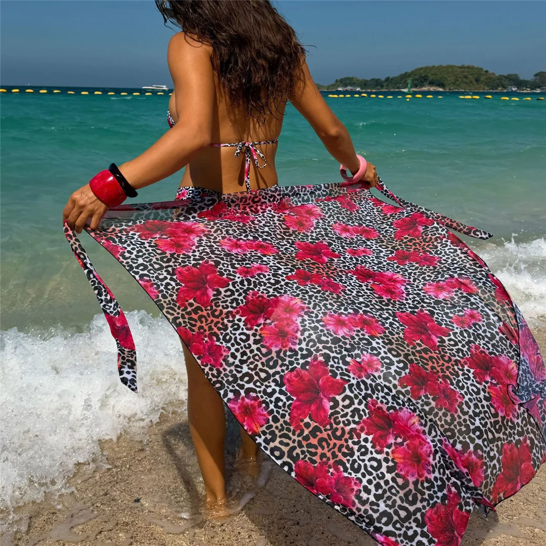 Mit Sarong Leopard Blumenmuster Bikini Damen Badeanzug Frauen Bademode Dreiteiliges Bikini-Set Badebekleidung Badeanzug Schwimmen V8194 – Detail 5