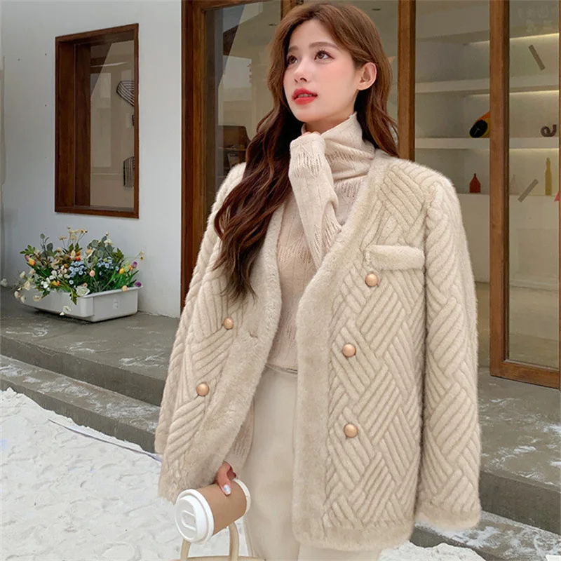 24 Winter New Small Fragrant Wind Golden Mink Fur Integrated Coat Environmental Protection Fur Imitation Mink Fur Slimming Coat