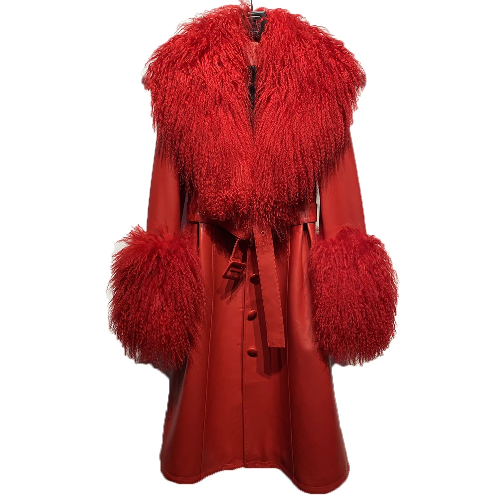 

Denny&Dora Red Plus Size Women Genuine Leather Trench Coat With Mongolia Sheep Fur Collar