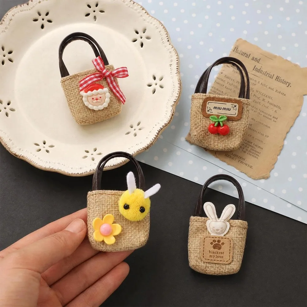 Mini Doll Handbag Cute Linen Basket Bag With Cartoon Decor For OB11 OB17 1/12 BJD Doll Dress Up Dollhouse Miniature Accessories