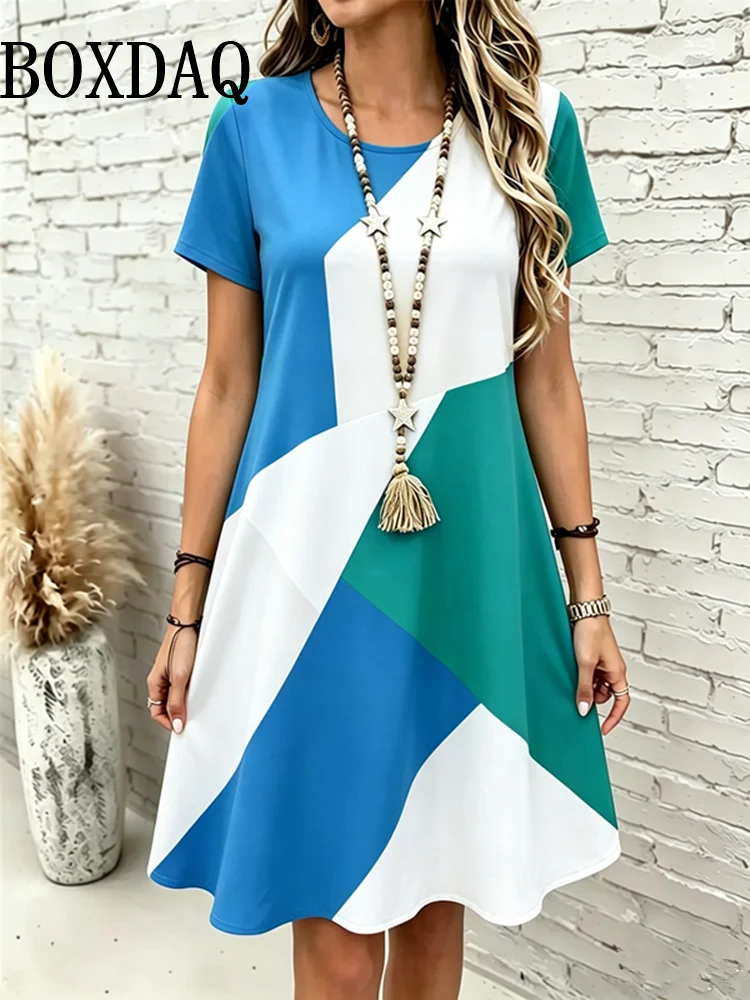 Geometry Striped Print Women Dresses For 2026 Summer Fashion Contrast Color Short Sleeve Dress Casual O-Neck Loose A-Line Dress