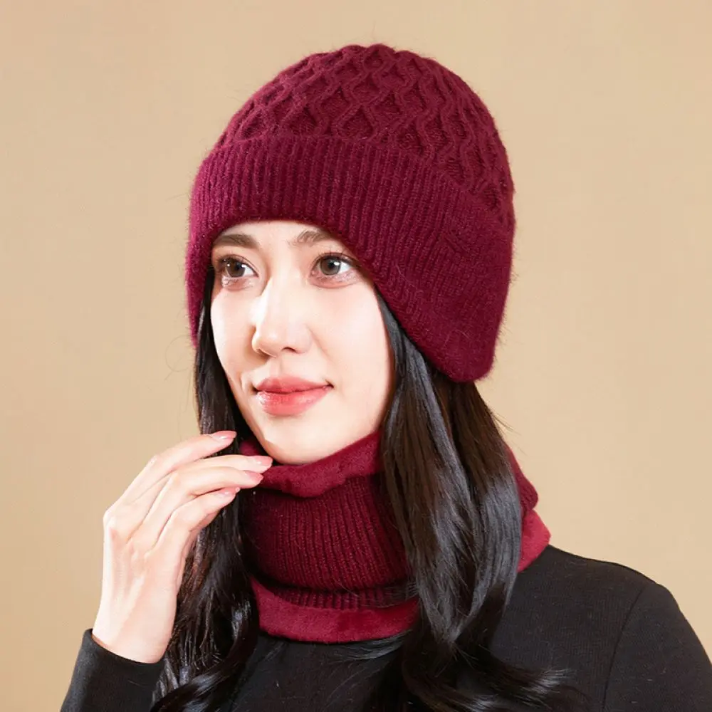 Thermal Knit Hat For Women Winter Thick Plush Earflap Scarf Cap Integrated Beanies For Elderly Grandma Outdoor Warm Gear