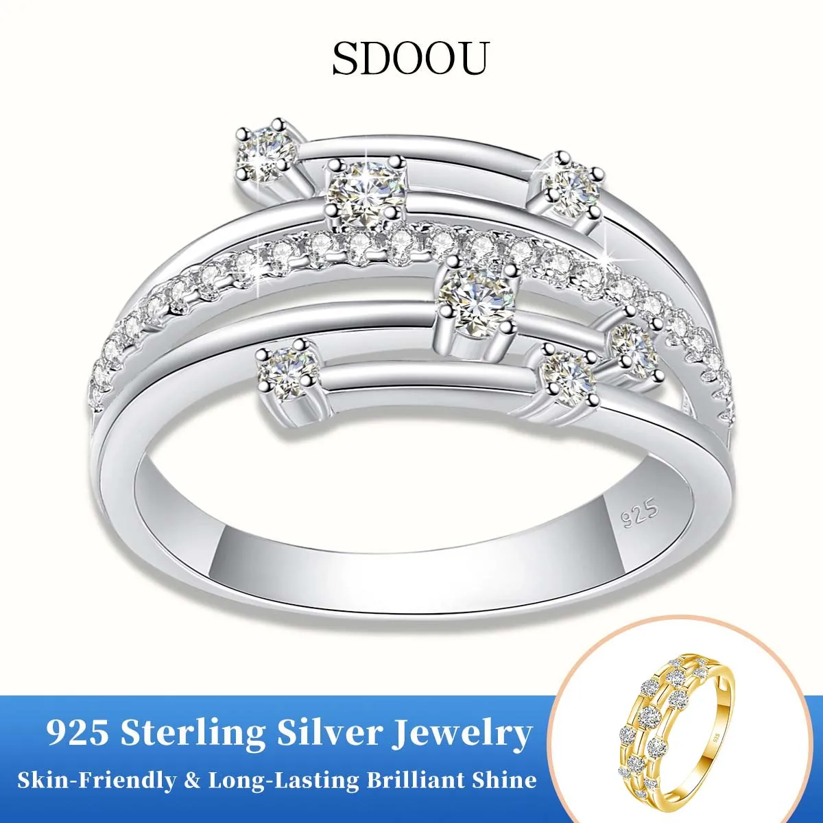

SDOOU Luxury Three-layer Round Cut Moissanite Ring Pass Test D VVS for Women 925 Sterling Silver Bypass Rings Party Jewelry Gift