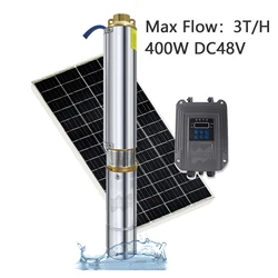 Solar DC Deep Well Pump, 400W, 48V, construído ímã permanente Motor, controlador externo, bomba submersível sem escova solar