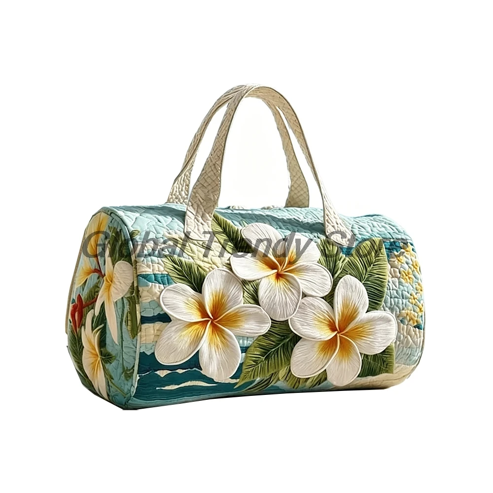 Boho Magnolia Plumeria Quilted Duffle Bag Floral Print Travel Tote Men Women Outdoor Weekender Bag