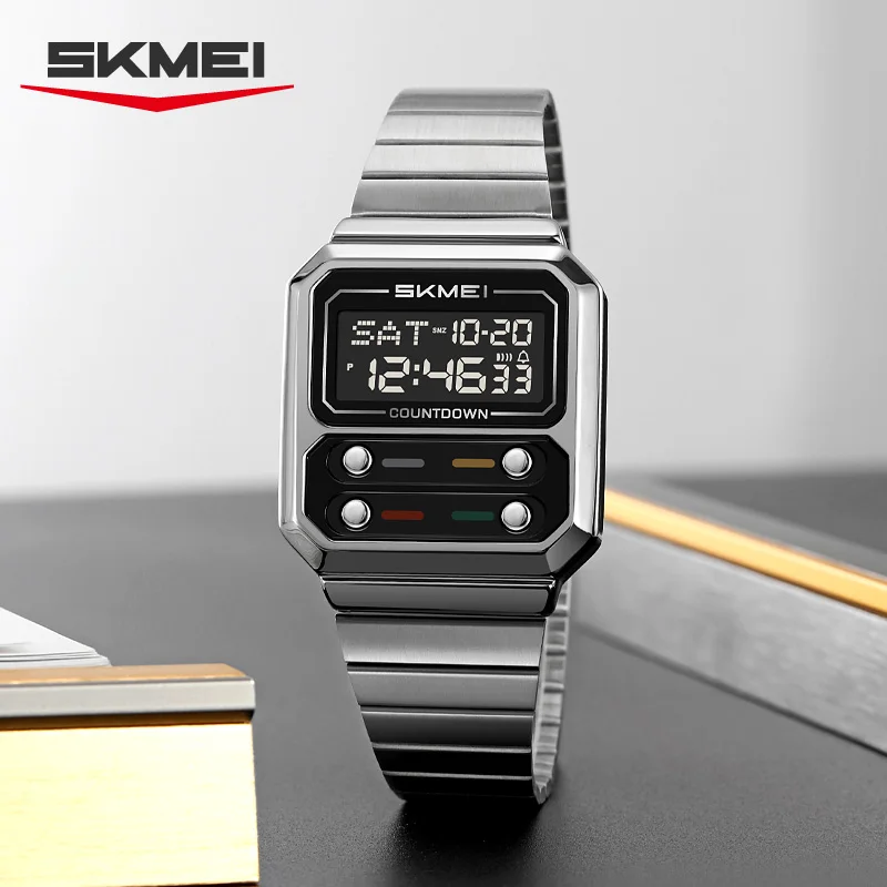 SKMEI 2448 الفاخرة الفولاذ المقاوم للصدأ ساعة رقمية للرجال مقاوم للماء العد التنازلي للصدمات رجالي ساعات المعصم Relojes Para Hombre