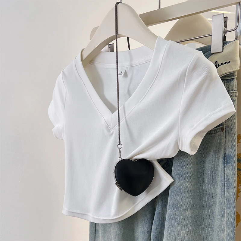 Trendiges Vielseitiges Sexy Crop Top 2026 Sommer Neu Einfarbiges Kurzarm-T-Shirt Damen Basic Baumwolle V-Ausschnitt Tee 8 Farben