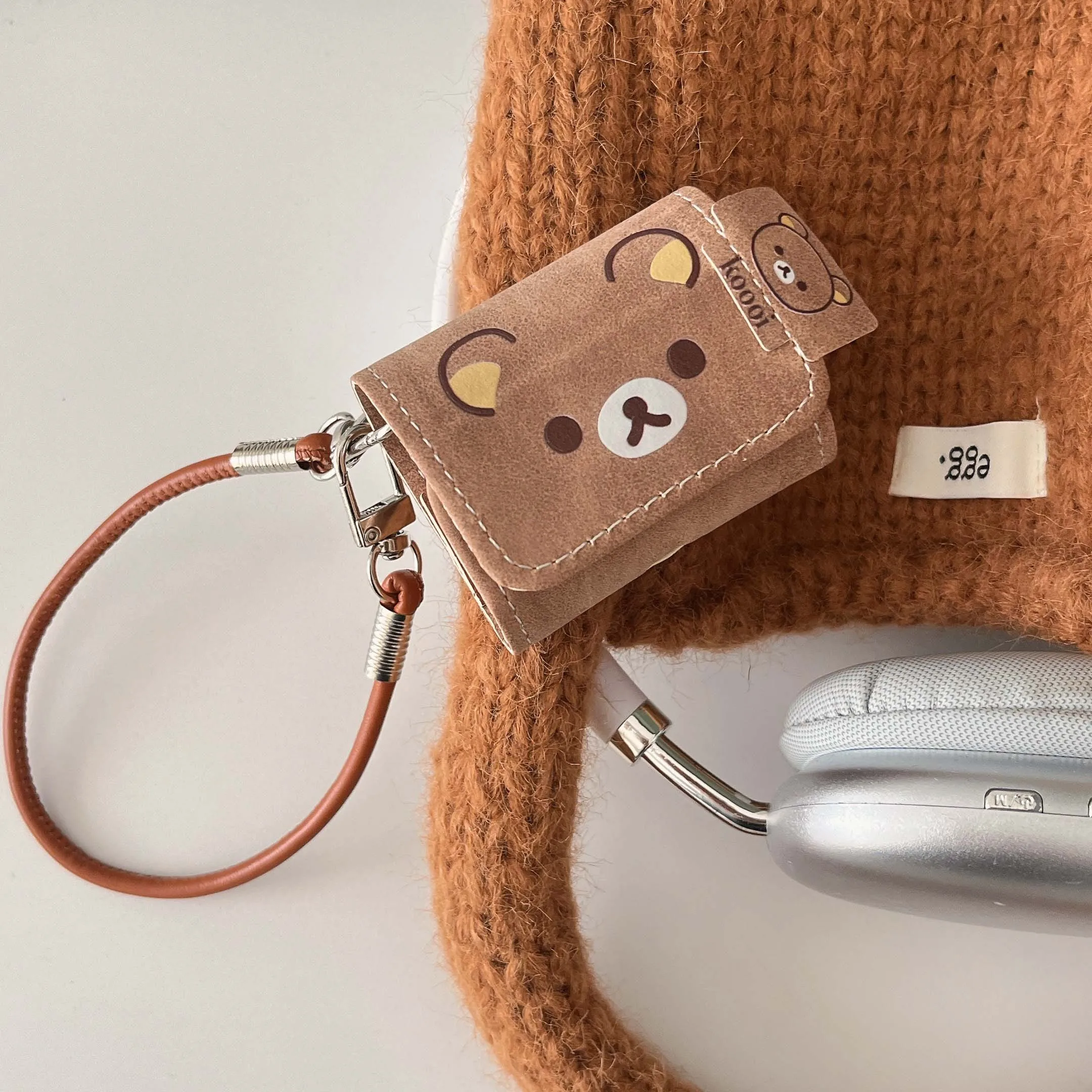 Ins bear leather pendant cartoon cute lovely earphone case for apple airpods 1 3 4 2 pro 2nd wireless bluetooth charging box