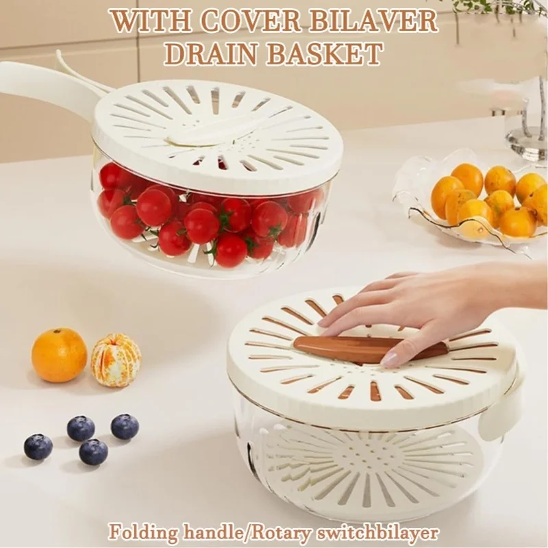 Fruit Vegetable Washing Bowl Thickened Double Layer Multifunctional Draining Bowl With Lid Foldable Handle For Food Storage