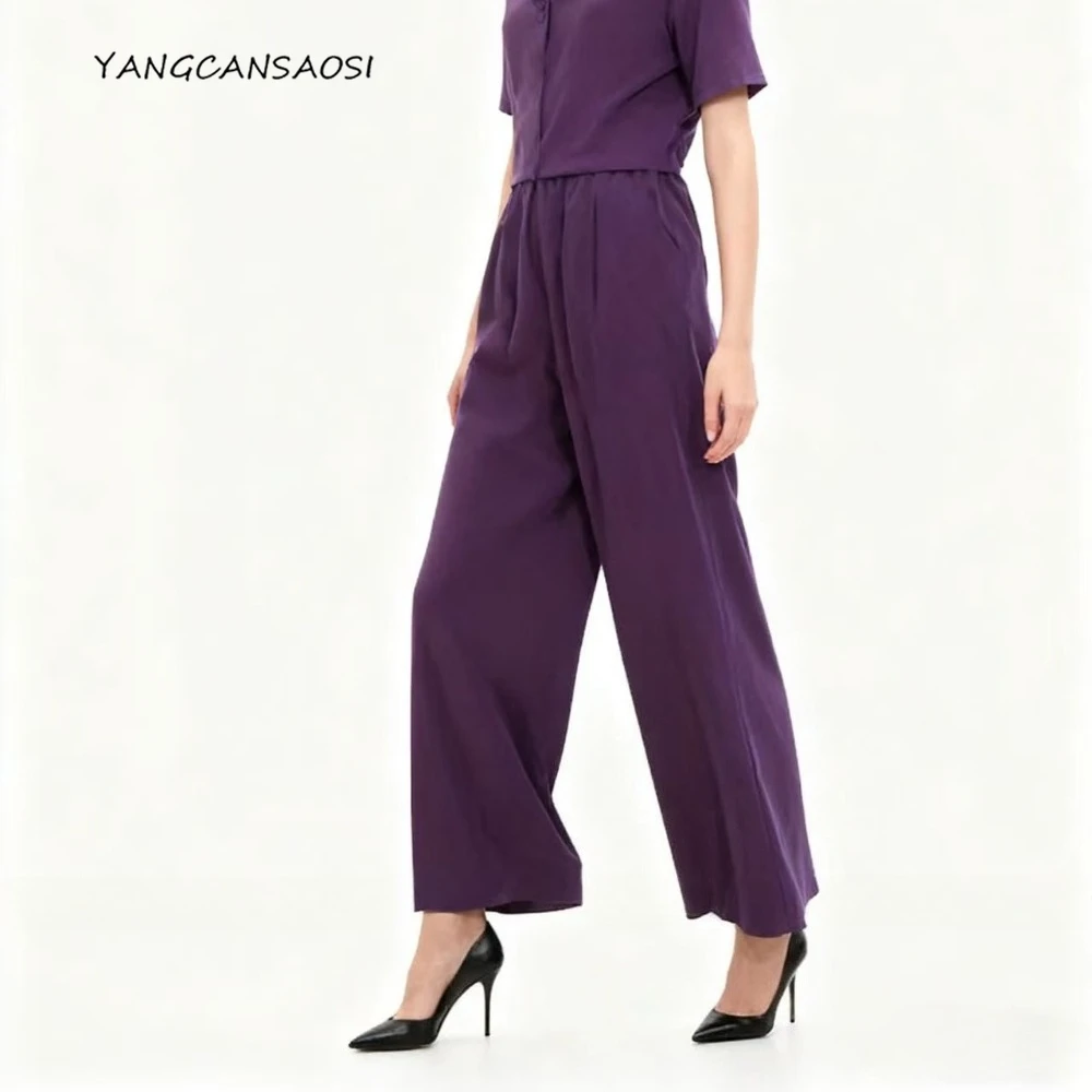 

2025 Women's Autumn Fashion New Purple 30MM 100%Natural Mulberry Silk Gambiered Guangdong Gauze High Waist Casual Straight Pants