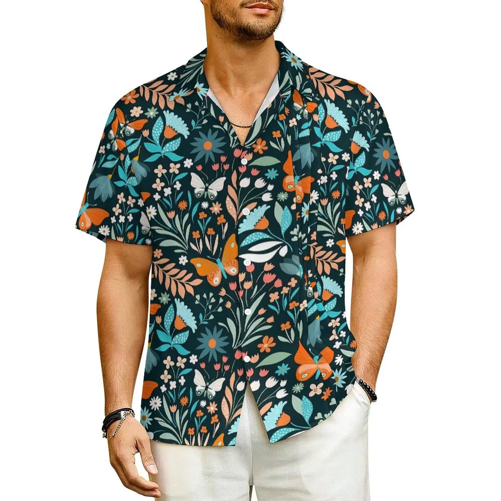 Hawaiian Shirt Beach Colorful Butterfly Blouses Flowers Print Elegant Casual Shirts Men Short Sleeve Street Style Plus Size Tops