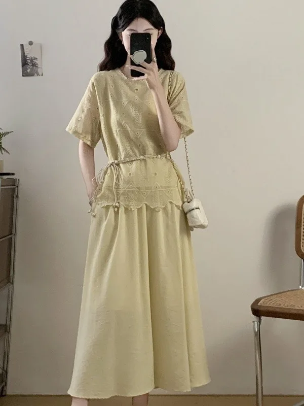 

Slimming Large Size Summer Set for Women Korean Style Short Sleeve Embroidered Waist-Cinching Top And Half Skirt Two-Piece Set