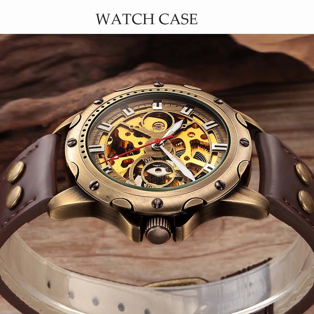 SHENHUA Orologio meccanico automatico scheletrato in bronzo retrò Puntatore luminoso Orologi impermeabili Orologio da uomo di lusso delle migliori marche